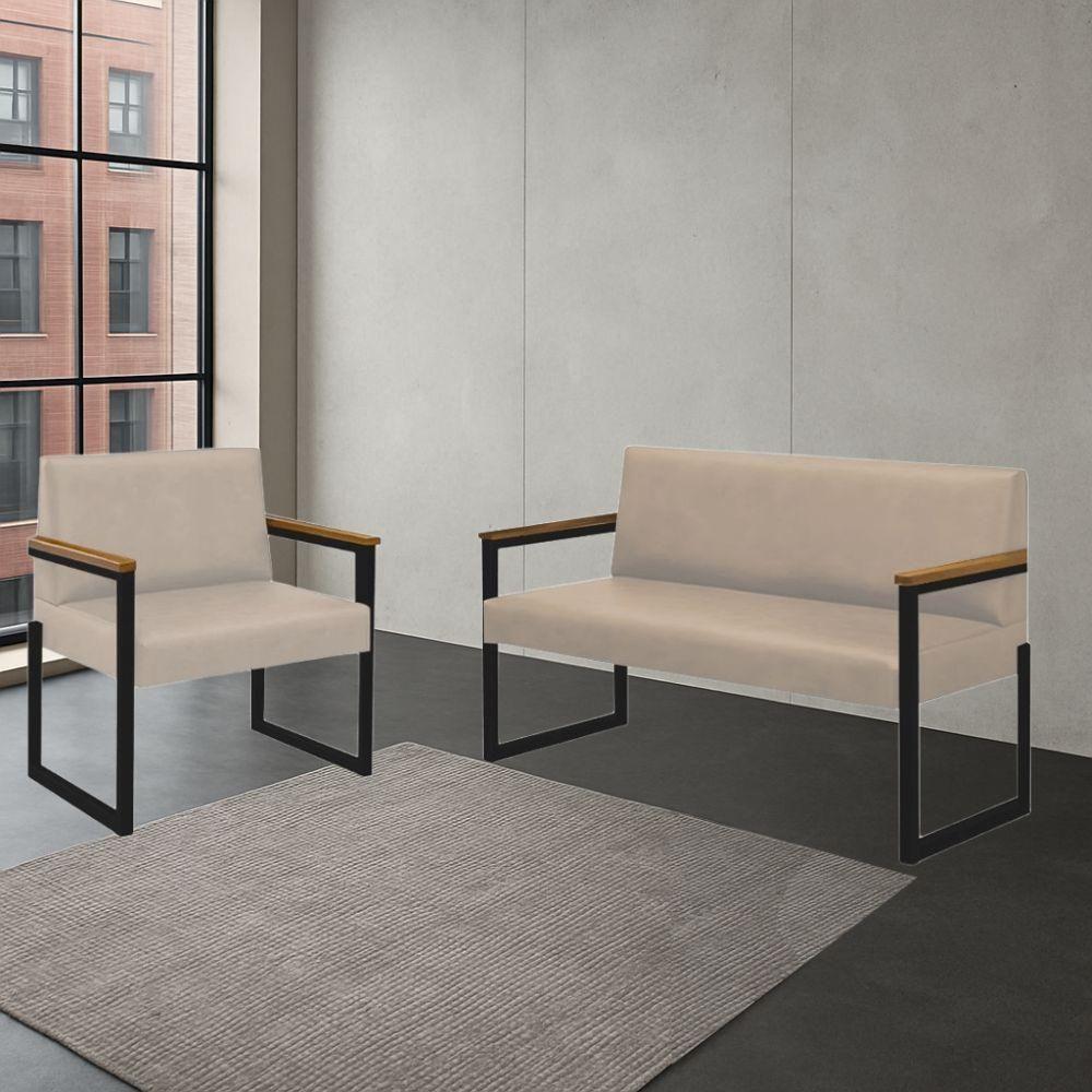 Conjunto Sofá 2 Lugares E 1 Poltrona Niterói Couro Off White Em Metal Preto - 2