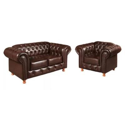 Conjunto Sofá 2 Lugares E Poltrona Chesterfield Luís Xv Vintage Retrô Capitonê Couro Marrom