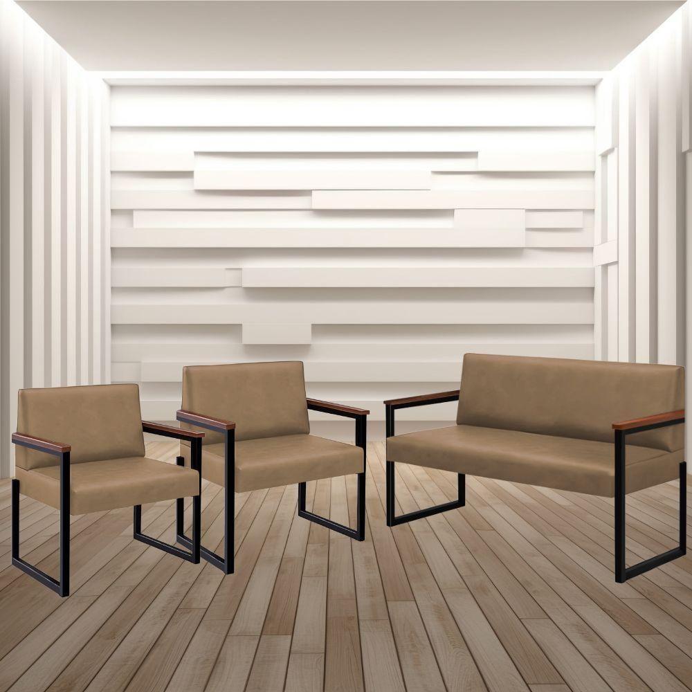 Conjunto Sofá 2 Lugares E 2 Poltronas Niterói Couro Bege Em Metal Preto - 2