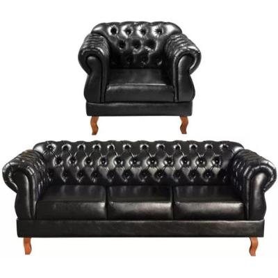 Conjunto Sofá 3 Lugares E Poltrona Chesterfield Luís Xv Vintage Retrô Capitonê Couro Preto