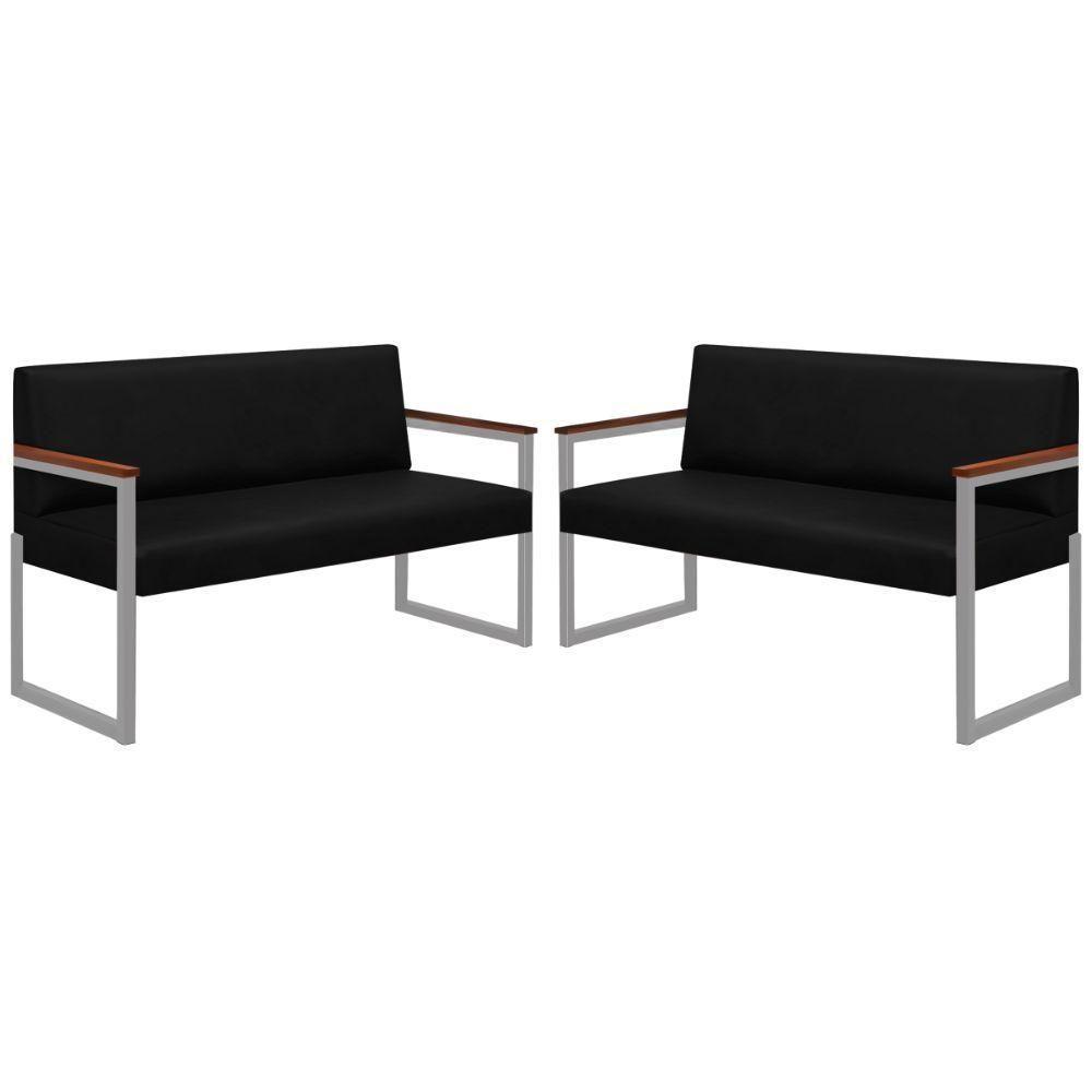 Conjunto 2 Sofás De 2 Lugares Niterói Couro Preto Em Metal Champanhe - 1