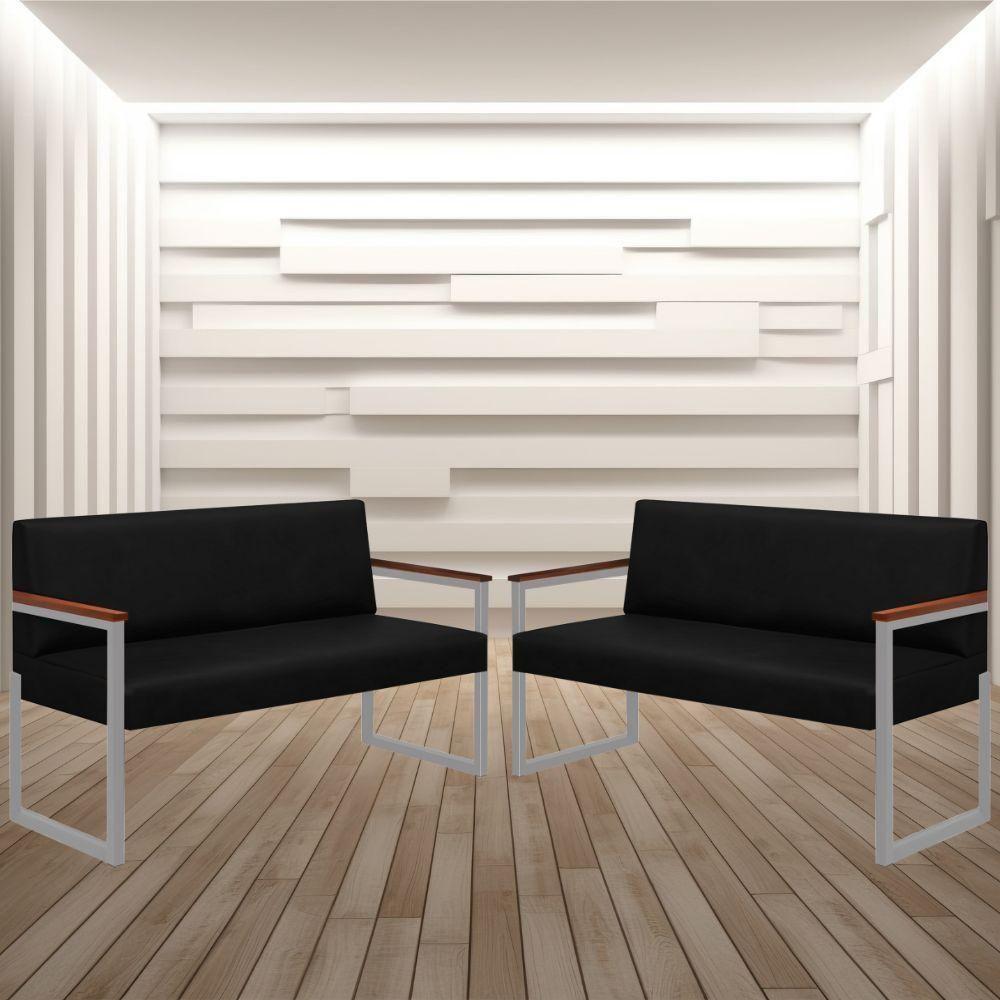 Conjunto 2 Sofás De 2 Lugares Niterói Couro Preto Em Metal Champanhe - 2