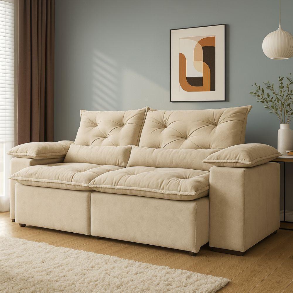 Sofá Retrátil Reclinável Porto Veludo Bege 2 M - 2