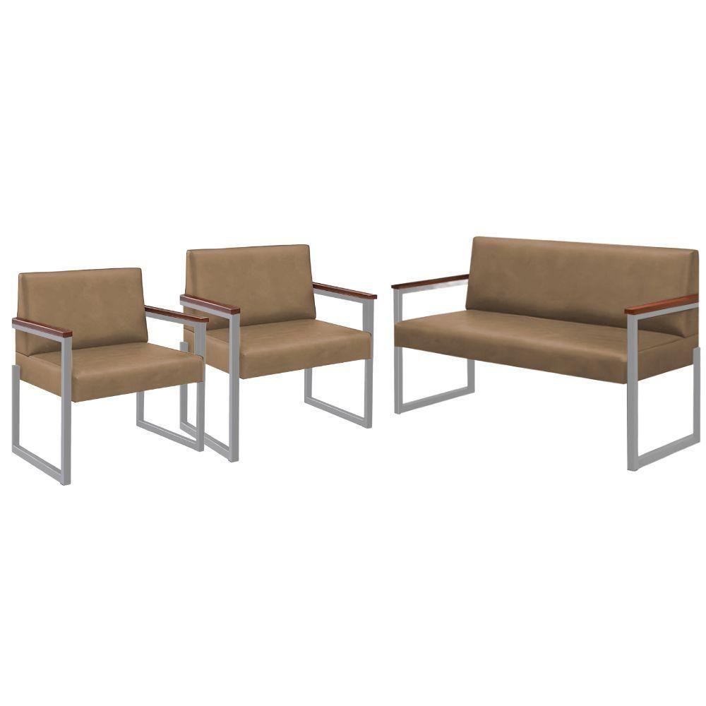 Conjunto Sofá 2 Lugares E 2 Poltronas Niterói Couro Bege Em Metal Champanhe - 1