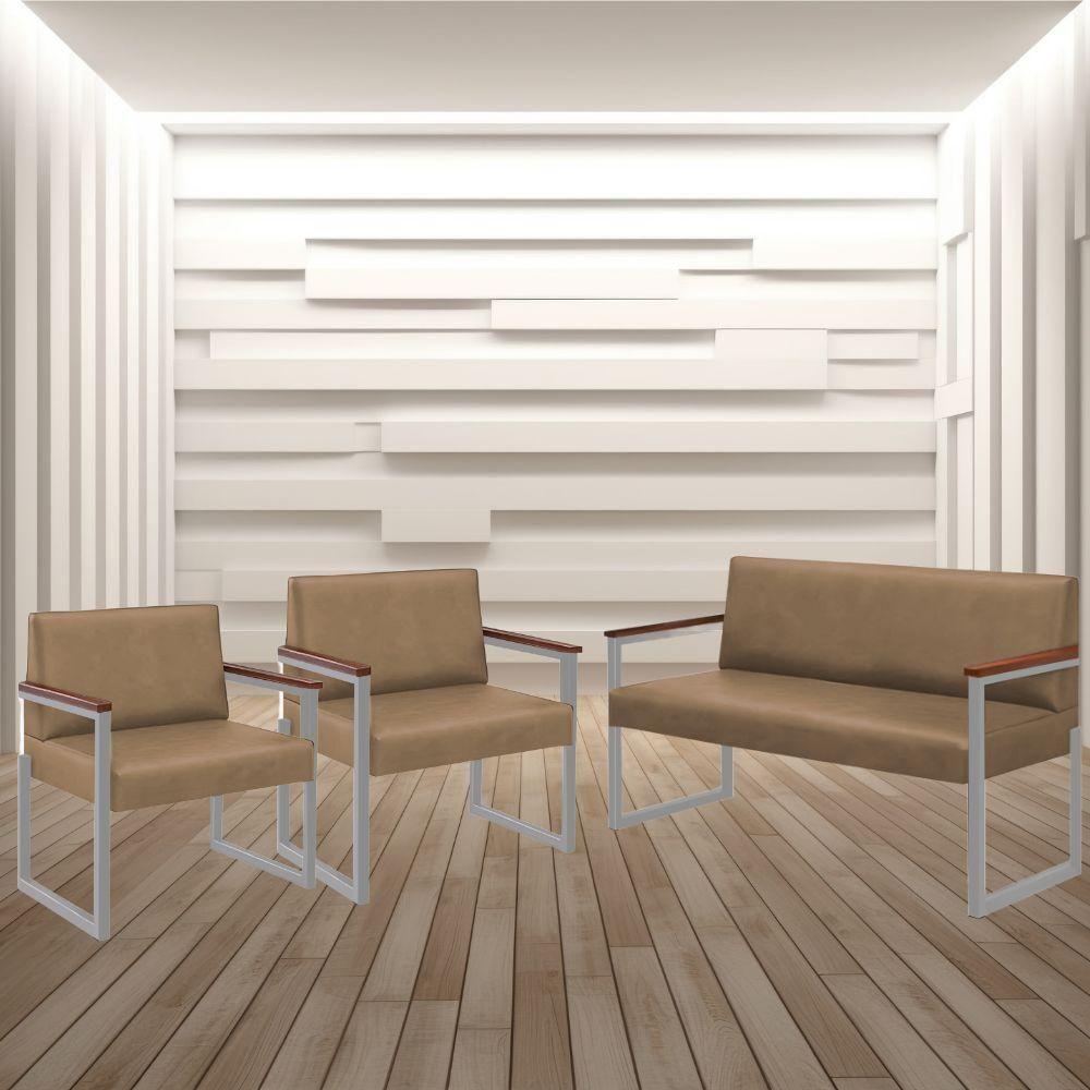 Conjunto Sofá 2 Lugares E 2 Poltronas Niterói Couro Bege Em Metal Champanhe - 2