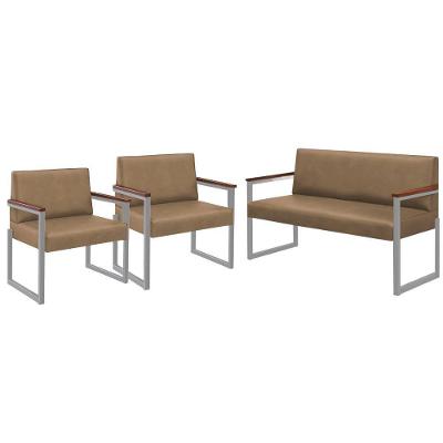Conjunto Sofá 2 Lugares E 2 Poltronas Niterói Couro Bege Em Metal Champanhe