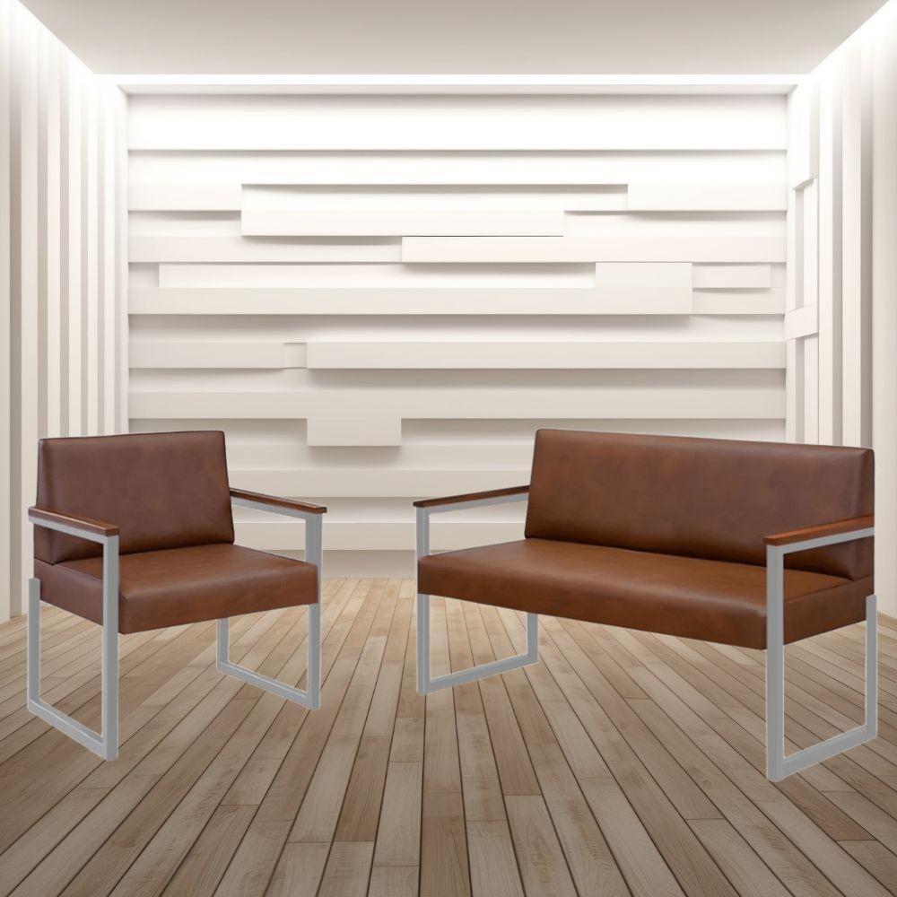 Conjunto Sofá 2 Lugares E 1 Poltrona Niterói Couro Marrom Em Metal Champanhe - 2