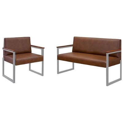 Conjunto Sofá 2 Lugares E 1 Poltrona Niterói Couro Marrom Em Metal Champanhe