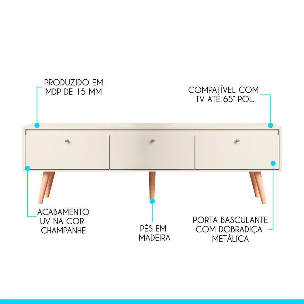 Rack Grande Retrô Para Tv 65 Pol 3 Portas Mdp Menu Móveis Champanhe - 2