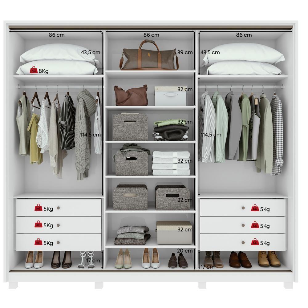 Guarda-roupa Casal 100% Mdf 3 Portas 6 Gavetas Vitta 2,70 Glass E Pés Branco - 3