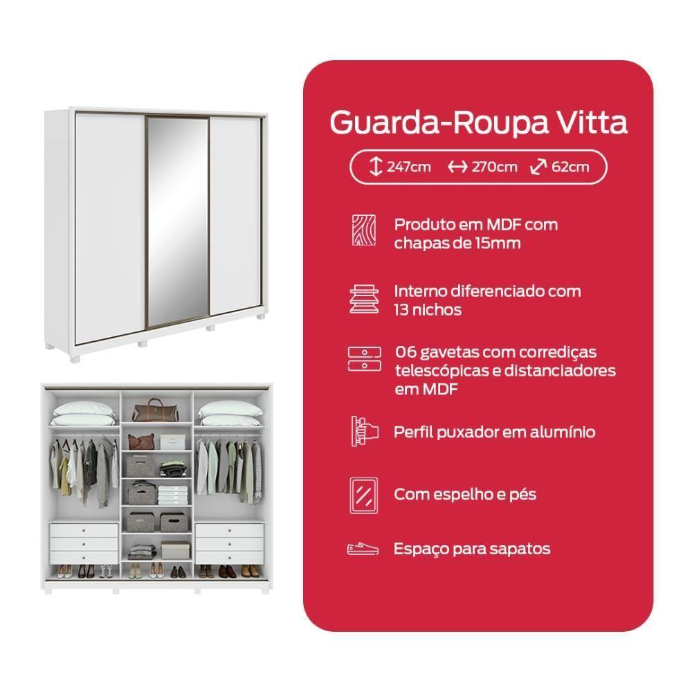 Guarda-roupa Casal 100% Mdf 3 Portas 6 Gavetas Vitta 2,70 Glass E Pés Branco - 4