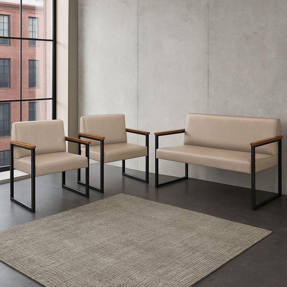 Conjunto Sofá 2 Lugares E 2 Poltronas Niterói Couro Off White Em Metal Preto - 2