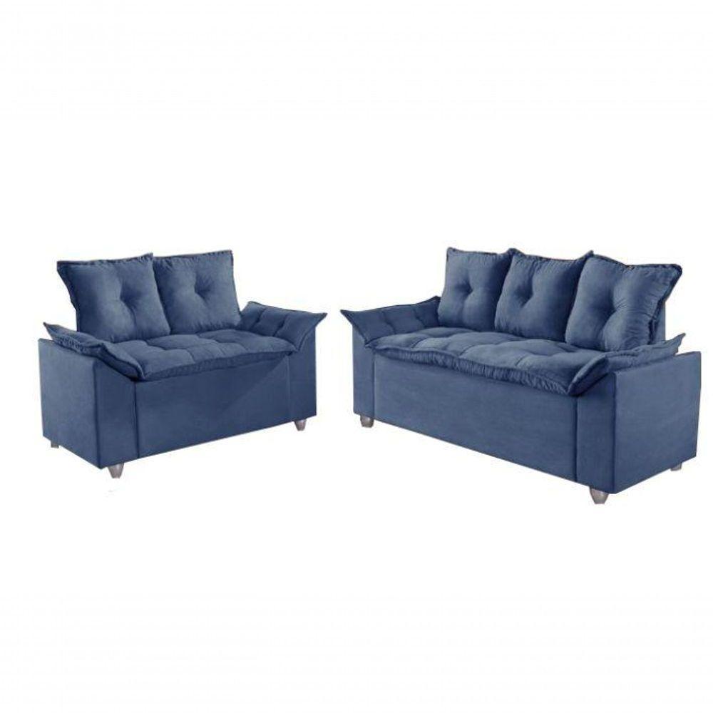 Conjunto Sofá 2 E 3 Lugares Viena Veludo Azul - 1