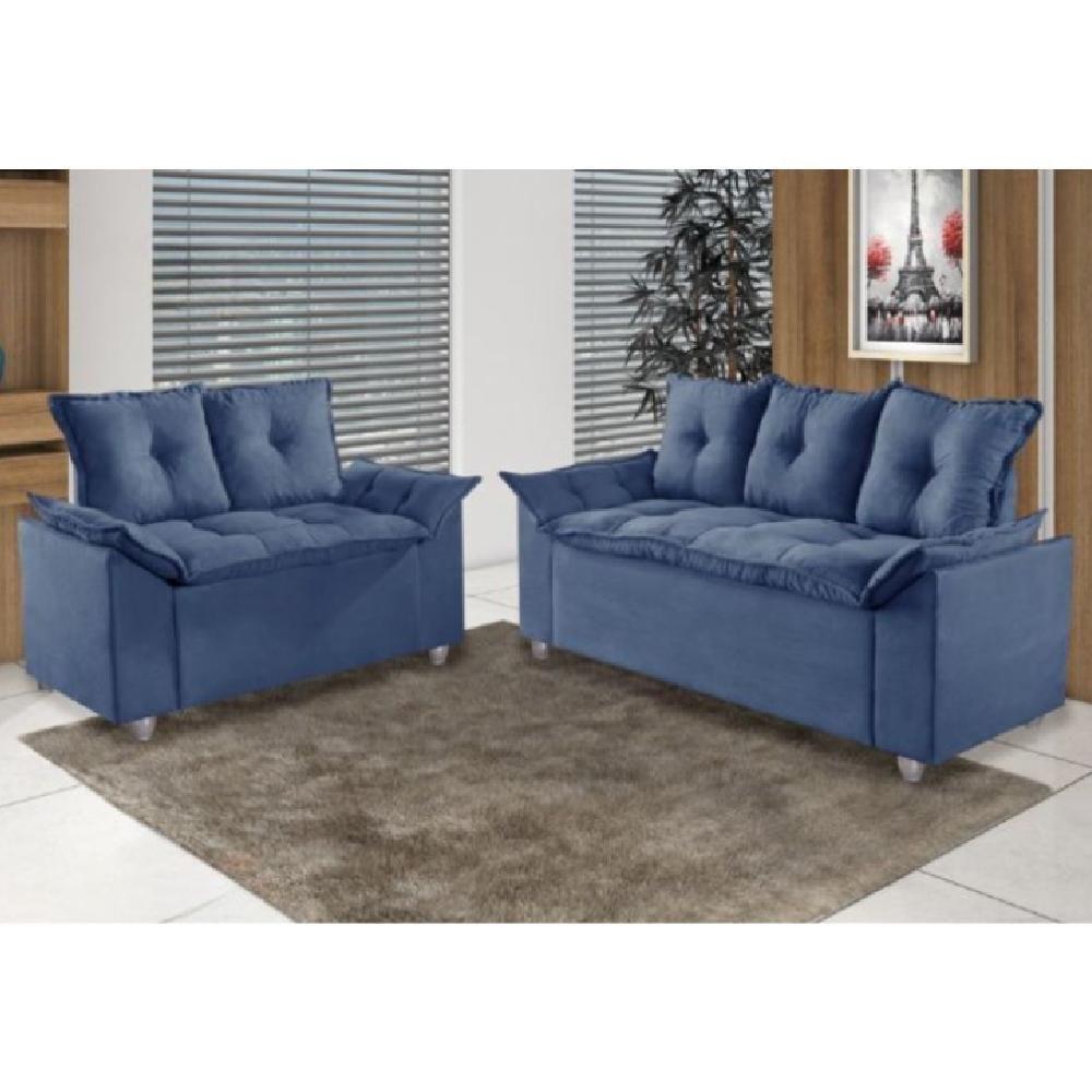 Conjunto Sofá 2 E 3 Lugares Viena Veludo Azul - 5