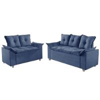 Conjunto Sofá 2 E 3 Lugares Viena Veludo Azul
