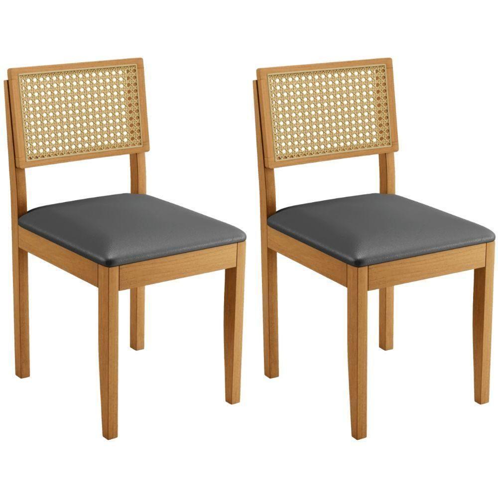 Conjunto 2 Cadeiras Jade 03 Com Rattan Veludo Cinza Pés Em Madeira Jcm - 1