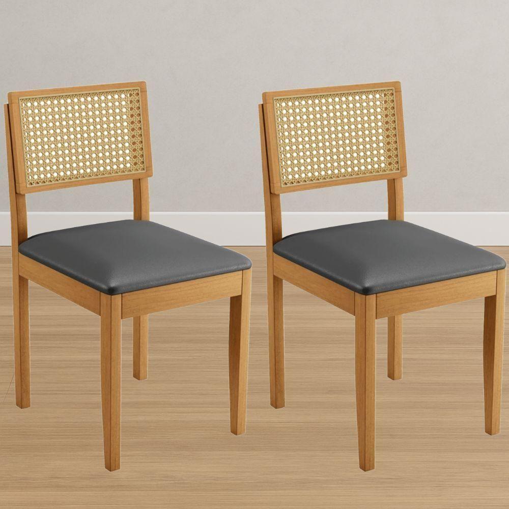 Conjunto 2 Cadeiras Jade 03 Com Rattan Veludo Cinza Pés Em Madeira Jcm - 2