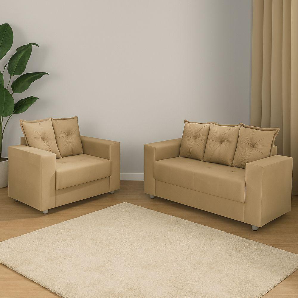 Conjunto Sofá 2 E 3 Lugares Palermo Veludo Bege - 2