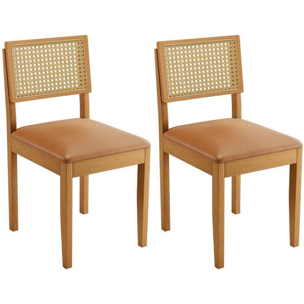 Conjunto 2 Cadeiras Jade 03 Com Rattan Couro Caramelo Pés Em Madeira Jcm - 1