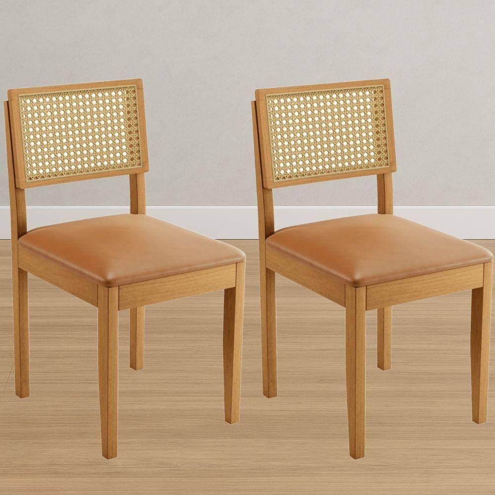 Conjunto 2 Cadeiras Jade 03 Com Rattan Couro Caramelo Pés Em Madeira Jcm - 2