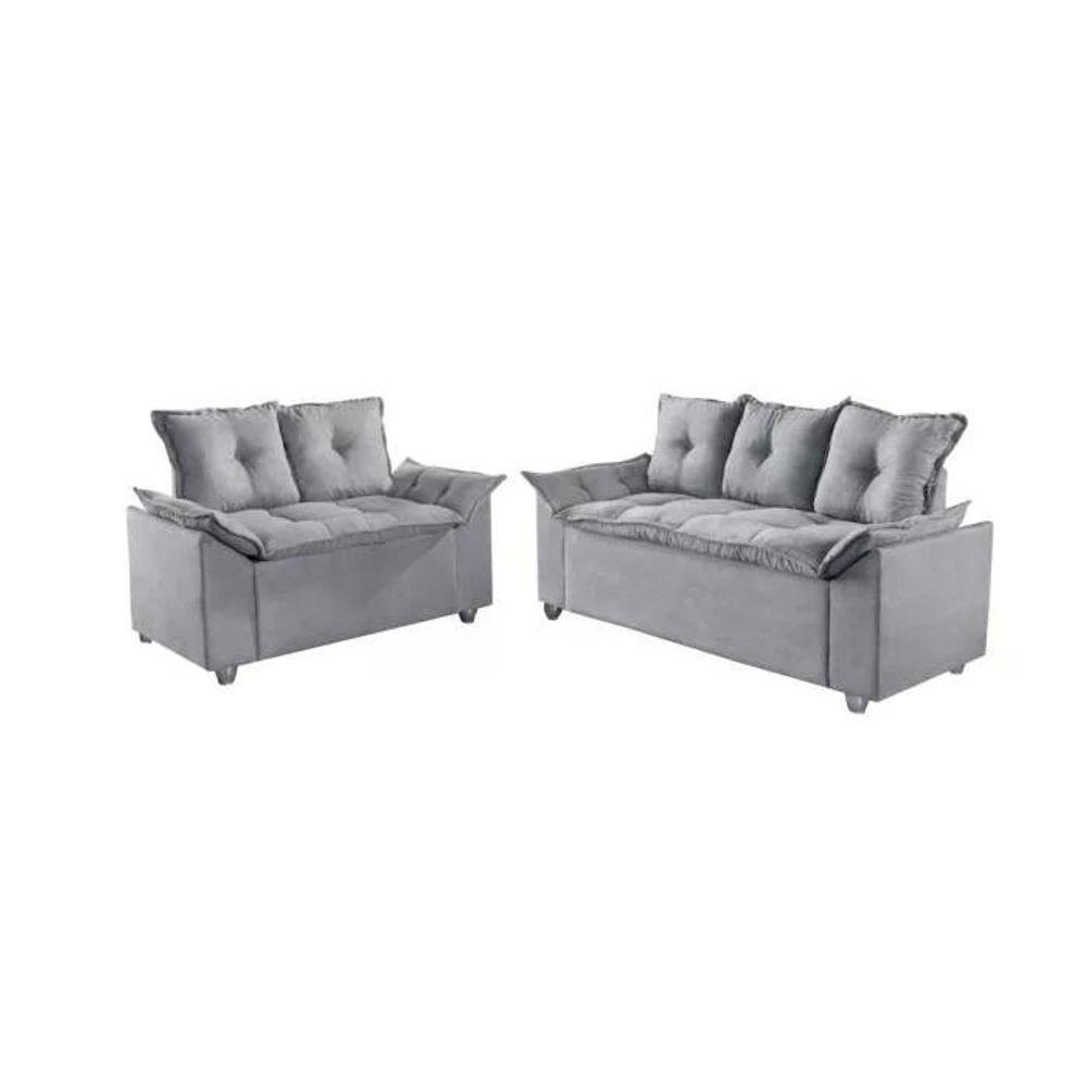 Conjunto Sofá 2 E 3 Lugares Viena Veludo Cinza Claro - 1