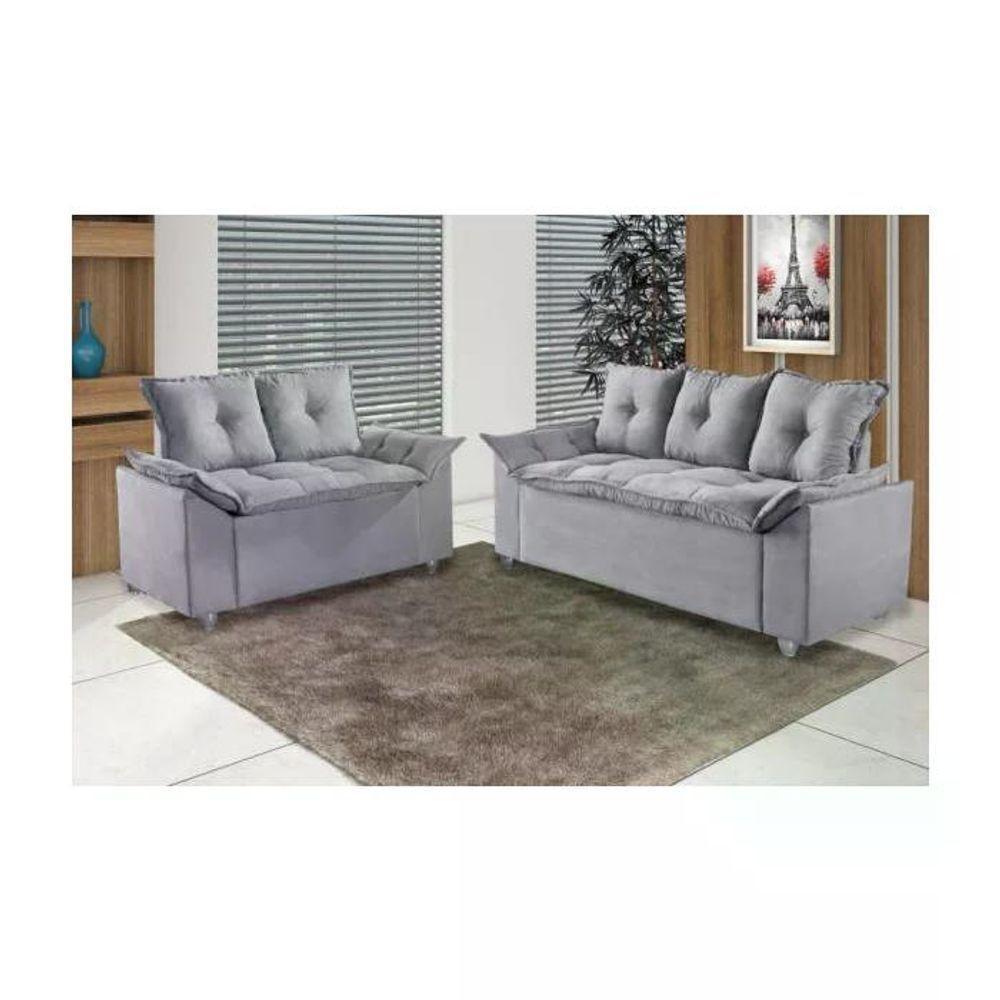 Conjunto Sofá 2 E 3 Lugares Viena Veludo Cinza Claro - 5