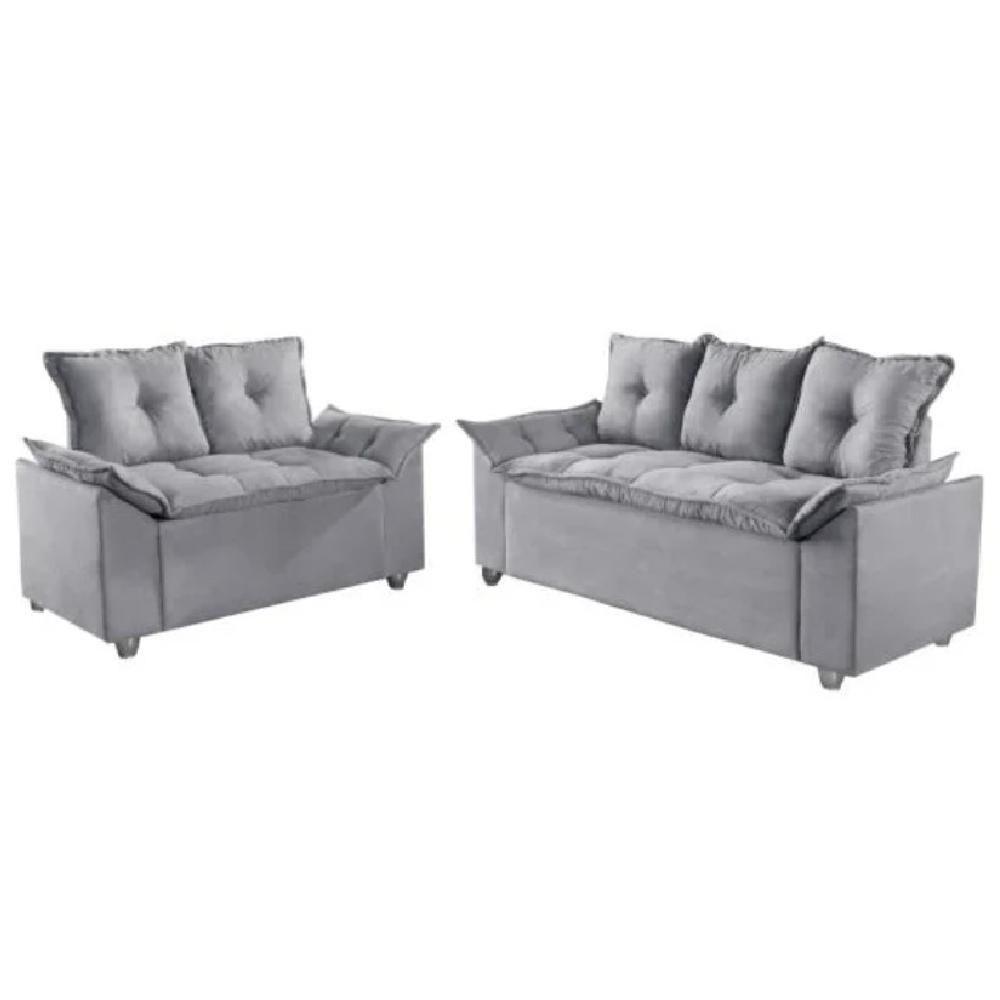 Conjunto Sofá 2 E 3 Lugares Viena Veludo Cinza Claro - 7