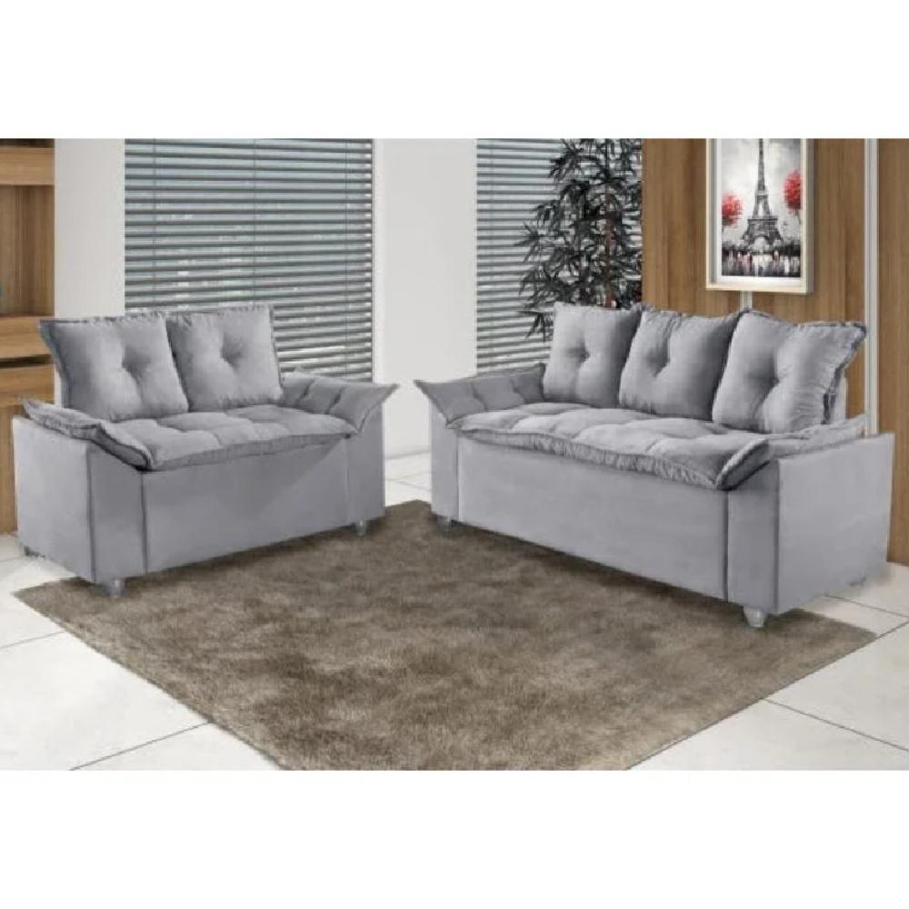Conjunto Sofá 2 E 3 Lugares Viena Veludo Cinza Claro - 8
