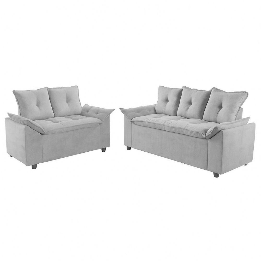 Conjunto Sofá 2 E 3 Lugares Viena Veludo Cinza Claro - 9