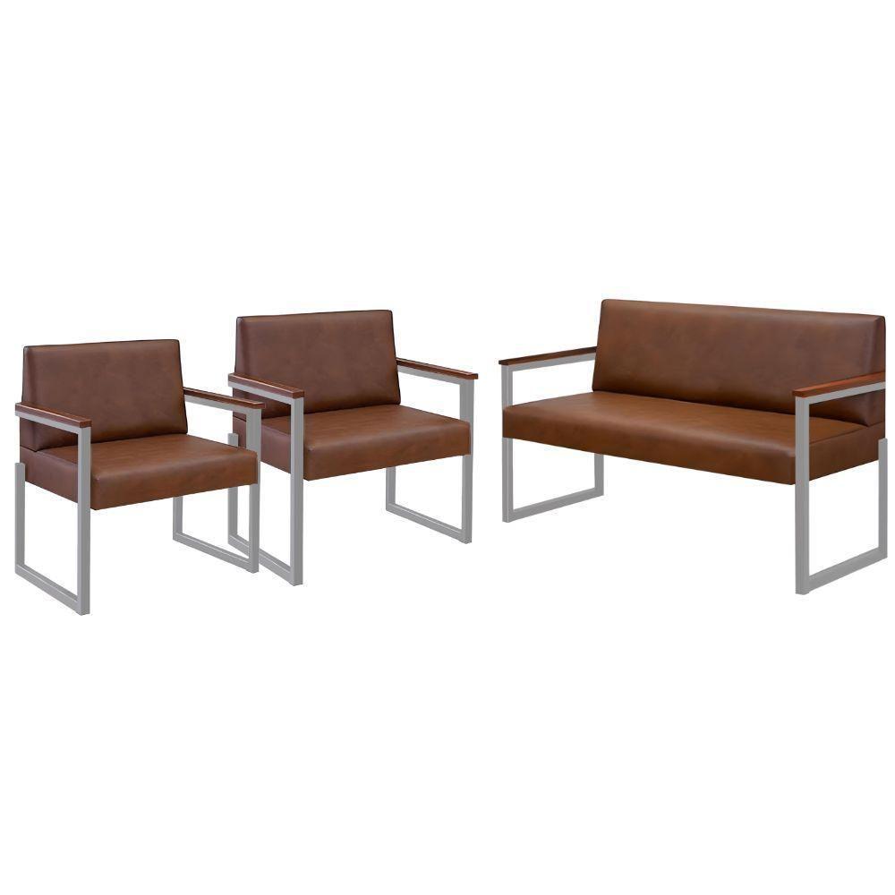 Conjunto Sofá 2 Lugares E 2 Poltronas Niterói Couro Marrom Em Metal Champanhe - 1