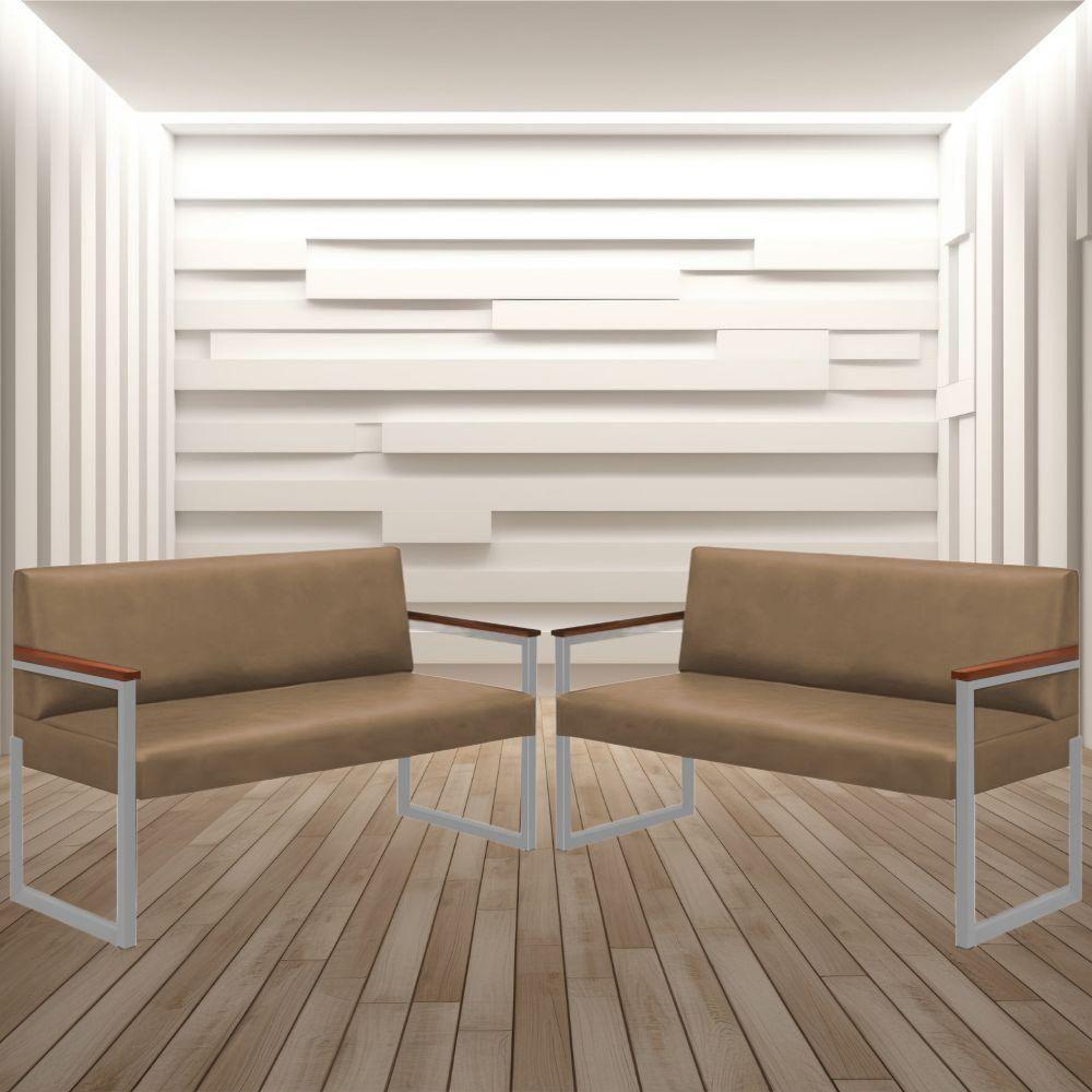 Conjunto 2 Sofás De 2 Lugares Niterói Couro Bege Em Metal Champanhe - 2