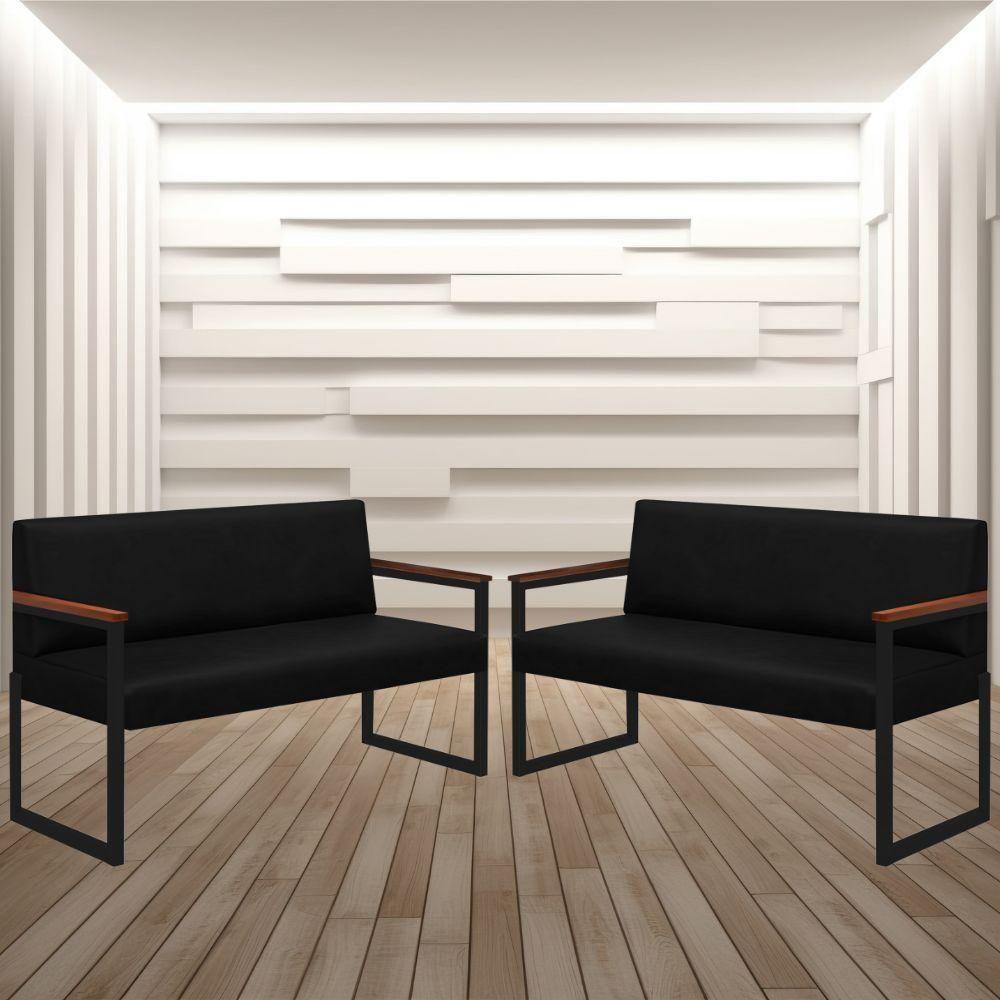 Conjunto 2 Sofás De 2 Lugares Niterói Couro Preto Em Metal Preto - 2