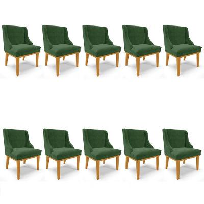 Kit 10 Cadeiras Estofadas Para Sala De Jantar Base Fixa De Madeira Castanho Lia Suede Verde - Ibiza