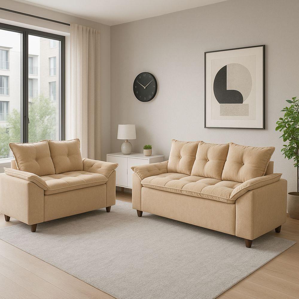 Conjunto Sofá 2 E 3 Lugares Viena Veludo Bege - 8