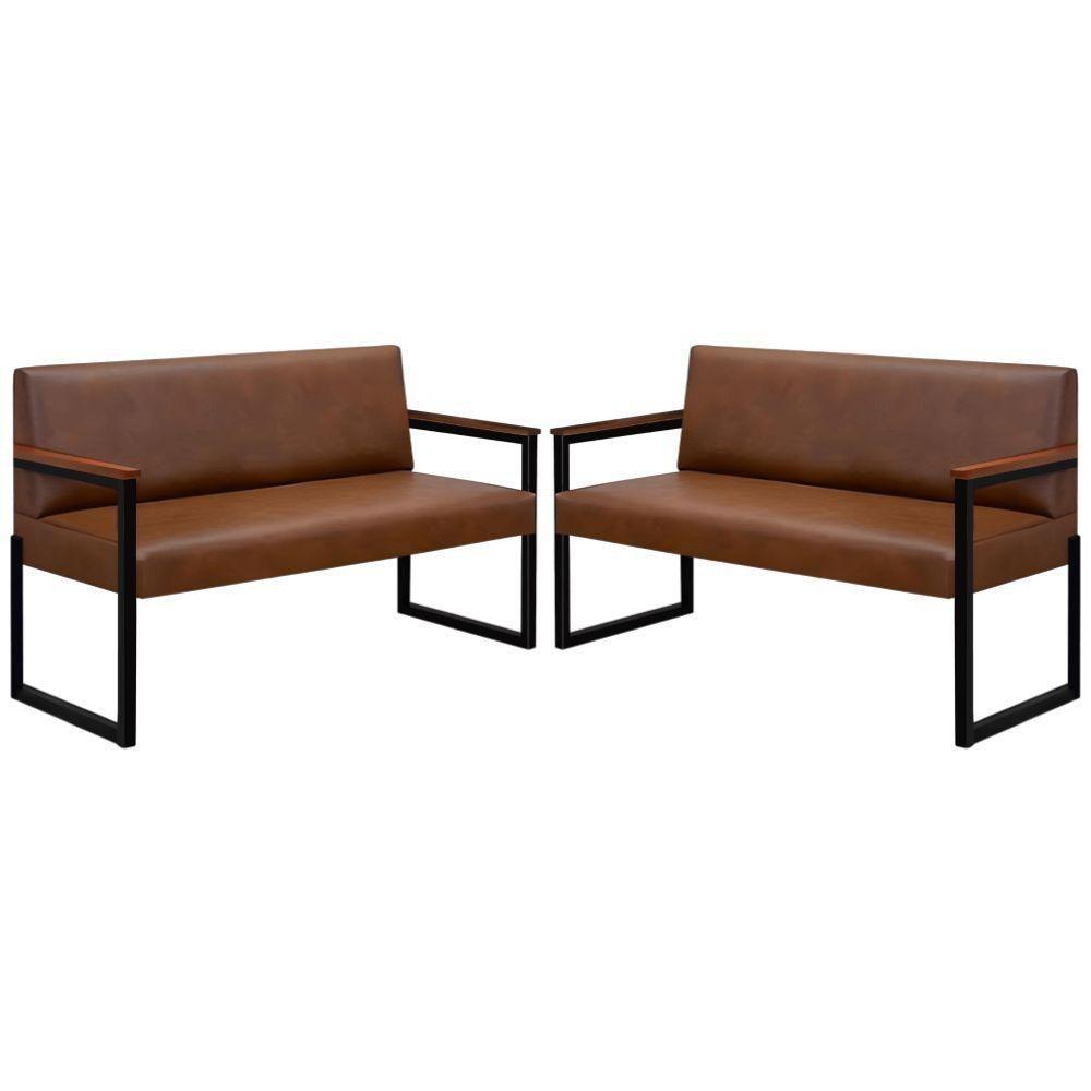 Conjunto 2 Sofás De 2 Lugares Niterói Couro Marrom Em Metal Preto - 1