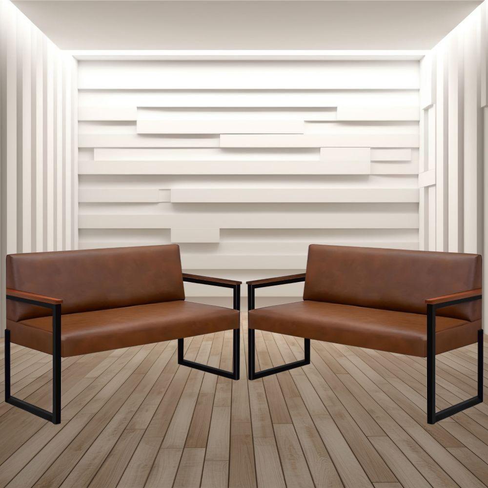 Conjunto 2 Sofás De 2 Lugares Niterói Couro Marrom Em Metal Preto - 2