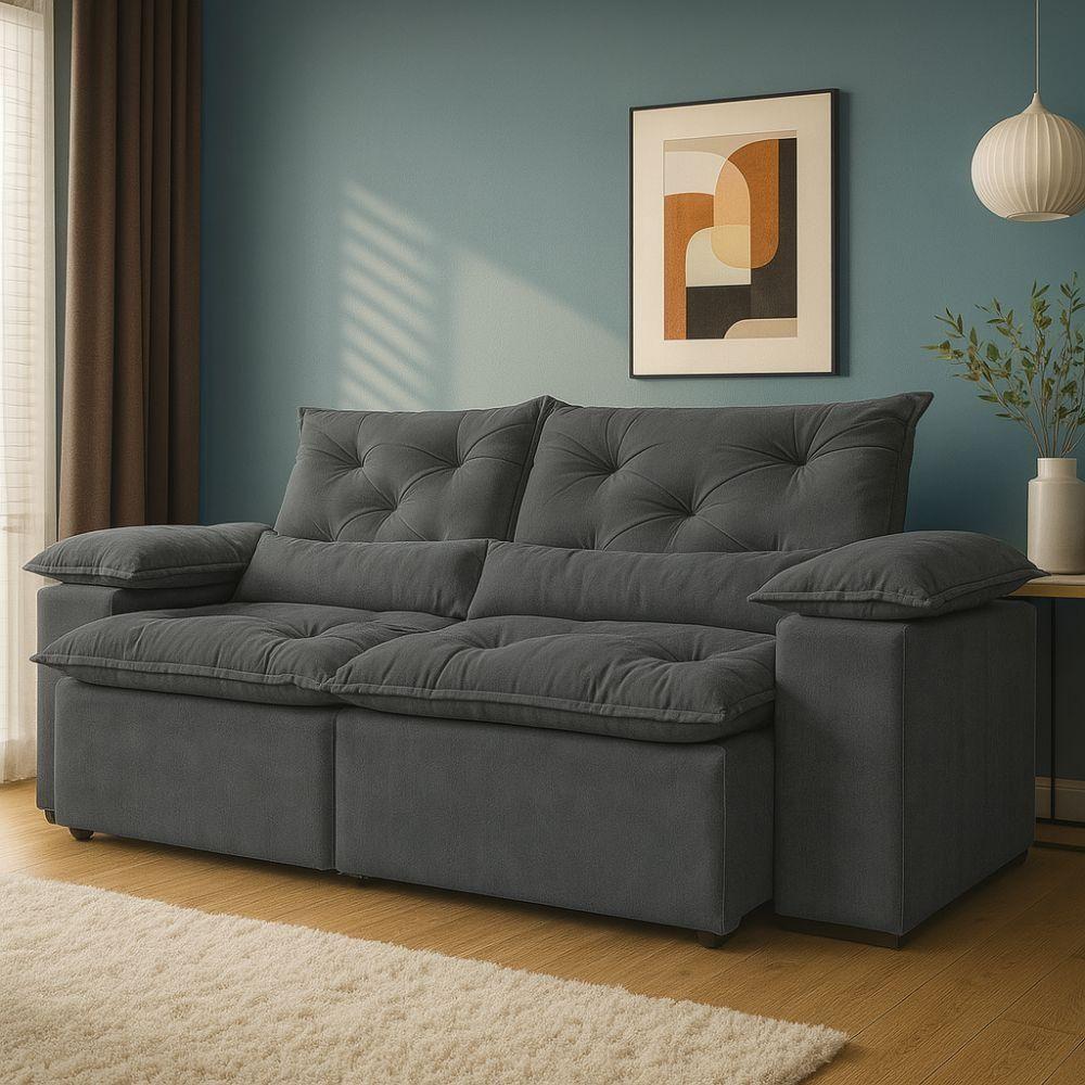 Sofá Retrátil Reclinável Porto Veludo Cinza 1,80 M - 2