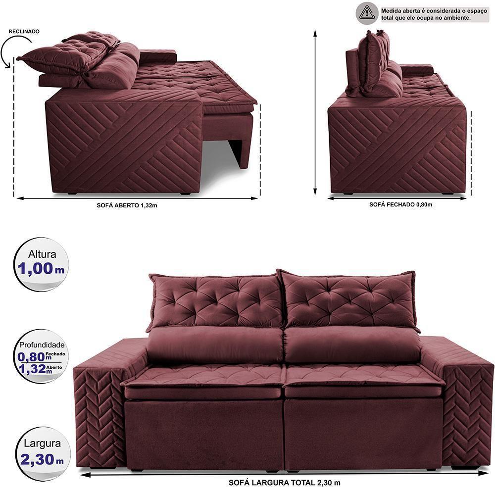 Sofá Retrátil E Reclinável 2,30m Essence Velusoft Vinho Cama Inbox - 2