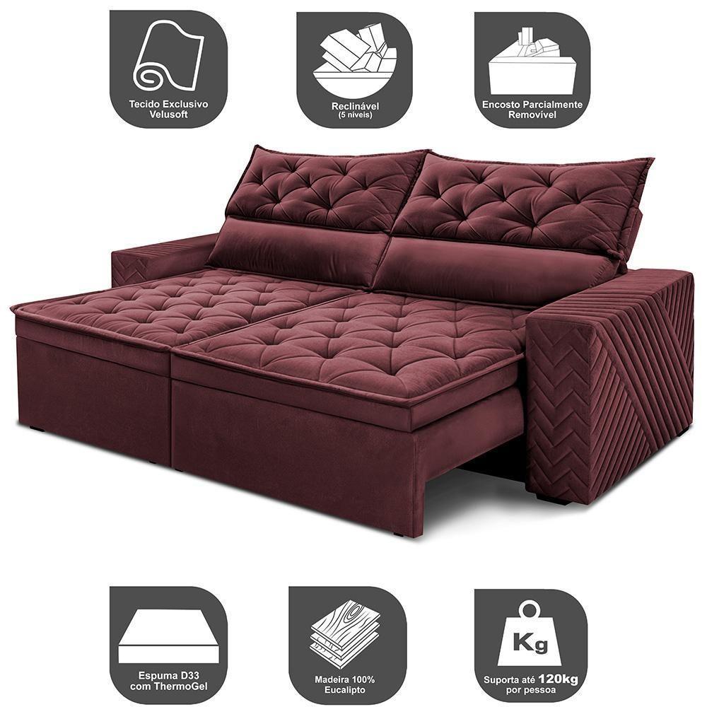 Sofá Retrátil E Reclinável 2,30m Essence Velusoft Vinho Cama Inbox - 3