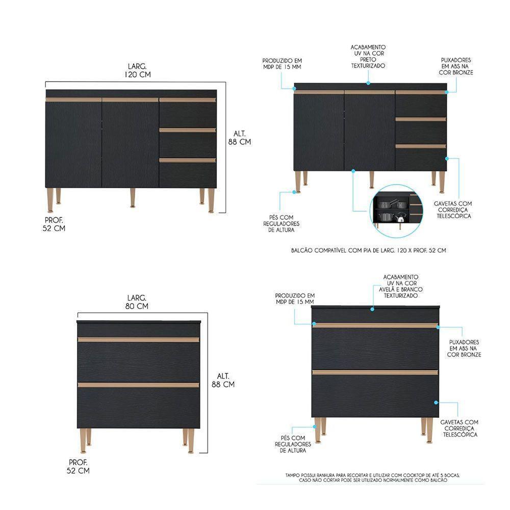 Balcão Multiuso Cozinha Para Kitnet 200x88cm Mdp Menu Móveis Preto - 3