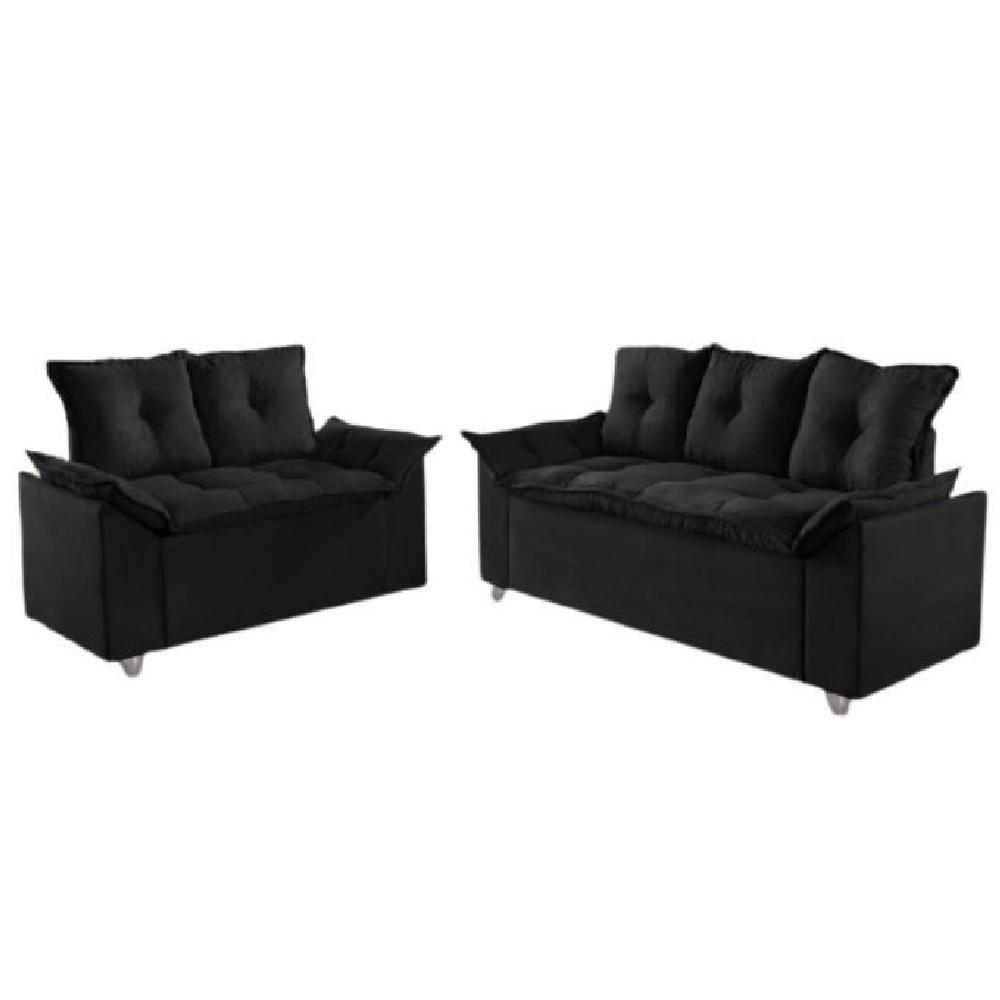 Conjunto Sofá 2 E 3 Lugares Viena Veludo Preto - 4