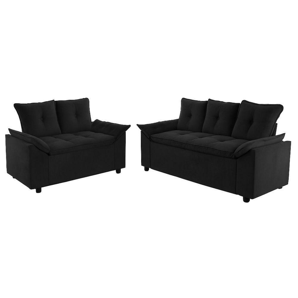 Conjunto Sofá 2 E 3 Lugares Viena Veludo Preto - 7