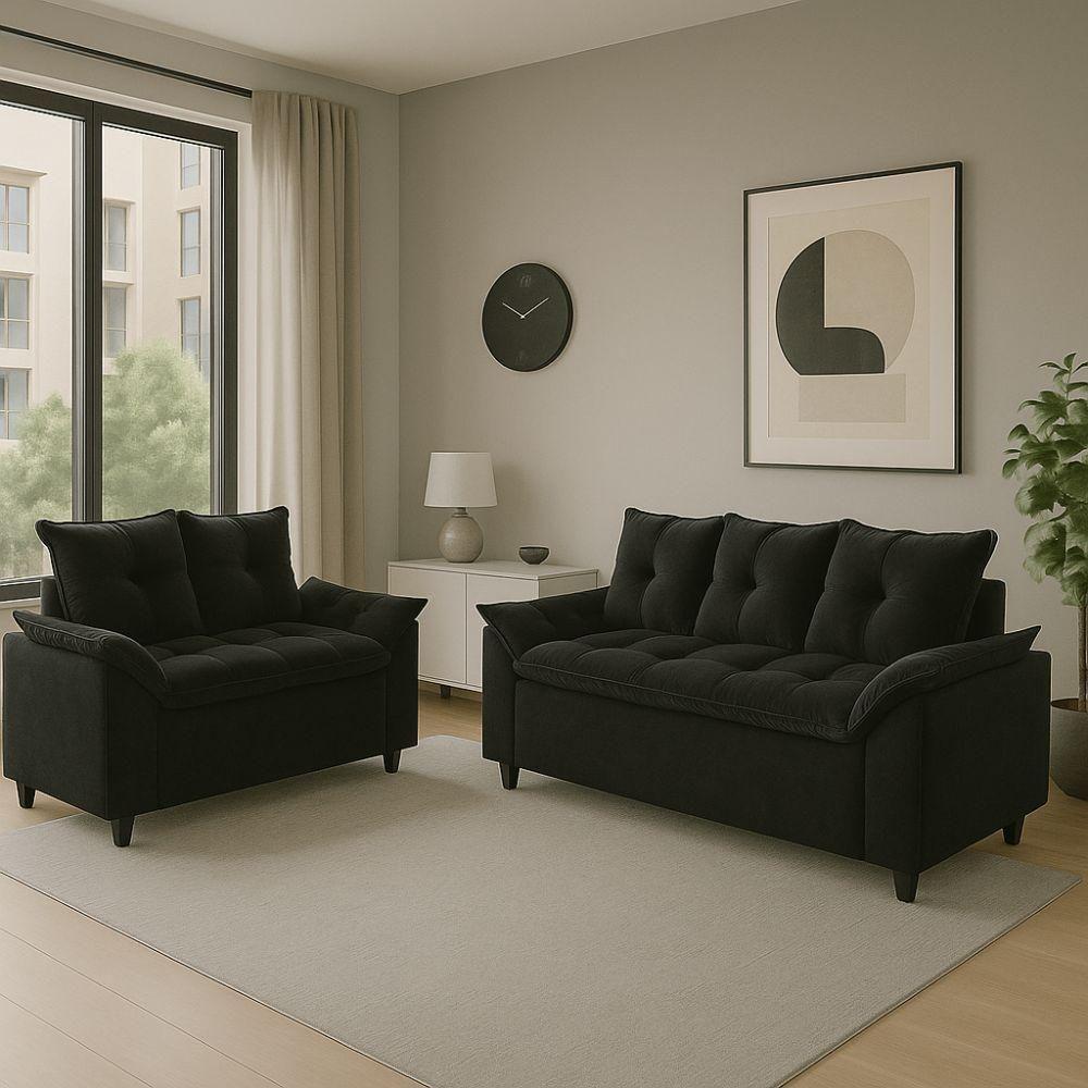 Conjunto Sofá 2 E 3 Lugares Viena Veludo Preto - 8