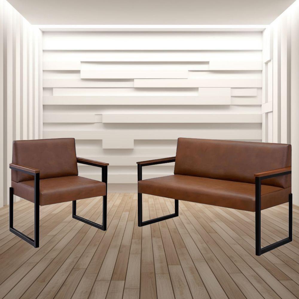 Conjunto Sofá 2 Lugares E 1 Poltrona Niterói Couro Marrom Em Metal Preto - 6