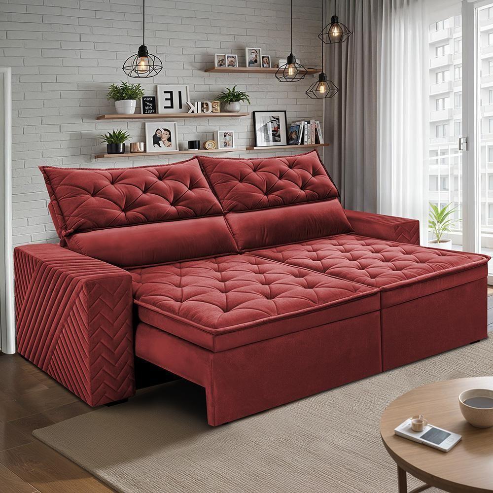 Sofá Retrátil E Reclinável 2,30m Essence Velusoft Vermelho Cama Inbox - 1