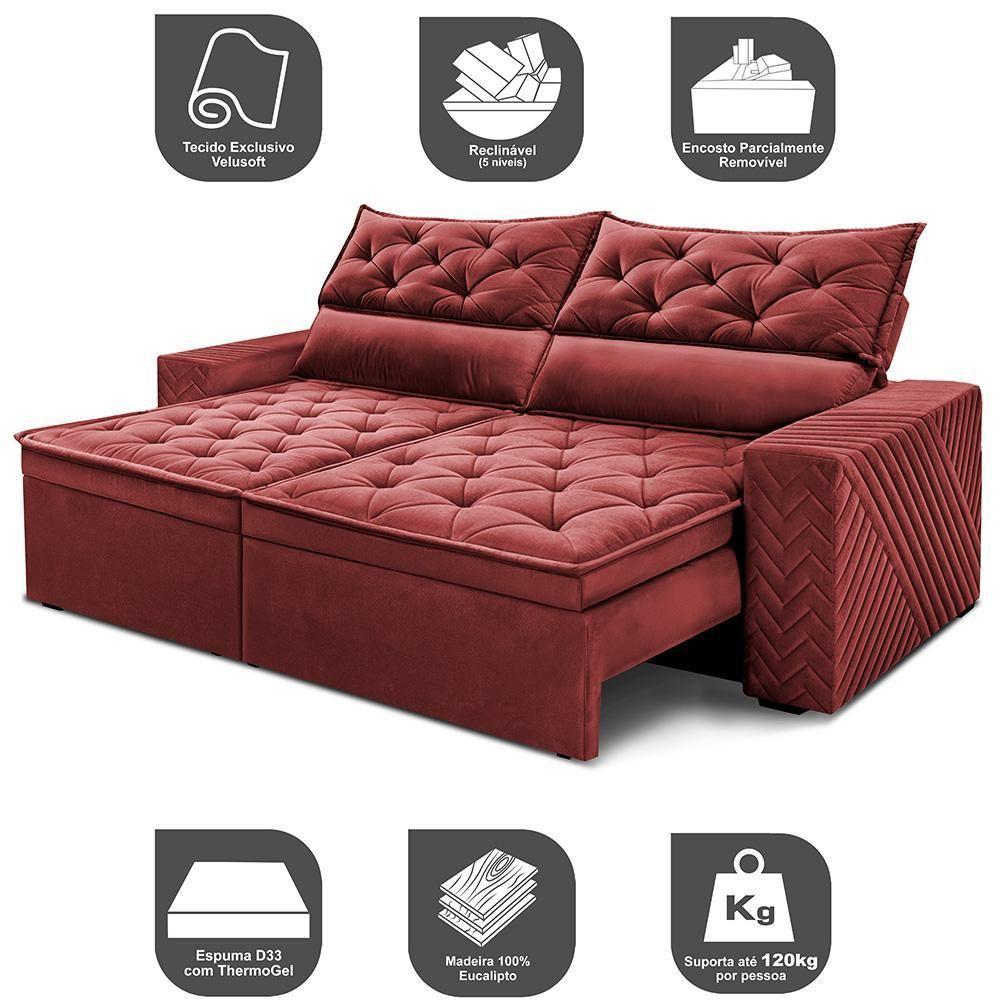 Sofá Retrátil E Reclinável 2,30m Essence Velusoft Vermelho Cama Inbox - 3