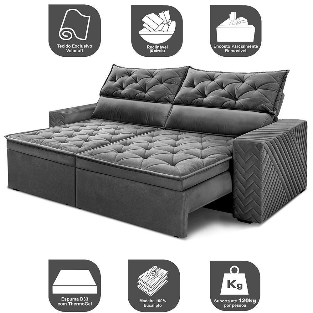 Sofá Retrátil E Reclinável 2,00m Essence Velusoft Cinza Cama Inbox - 3