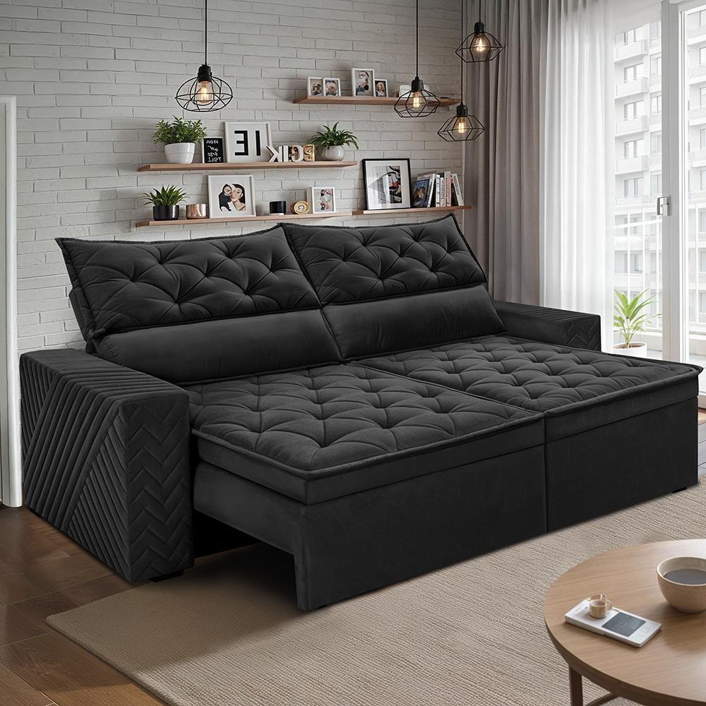 Sofá Retrátil E Reclinável 2,30m Essence Velusoft Preto Cama Inbox - 1