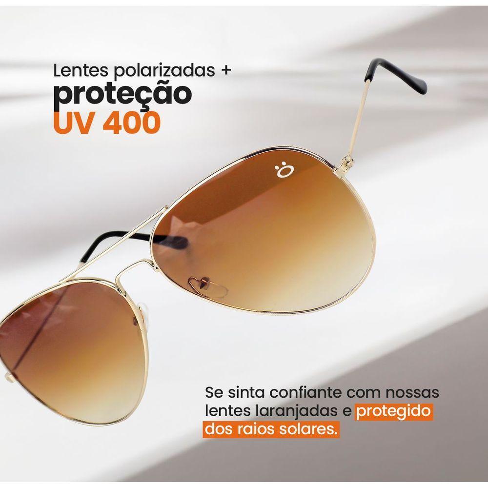 Oculos De Sol Feminino Aviador Banhado Ouro Aço Inox + Case Armação Dourada Social Lente Marrom - 4
