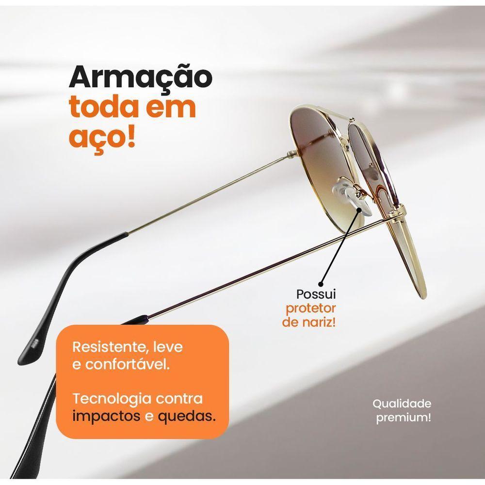 Oculos De Sol Feminino Aviador Banhado Ouro Aço Inox + Case Armação Dourada Social Lente Marrom - 6